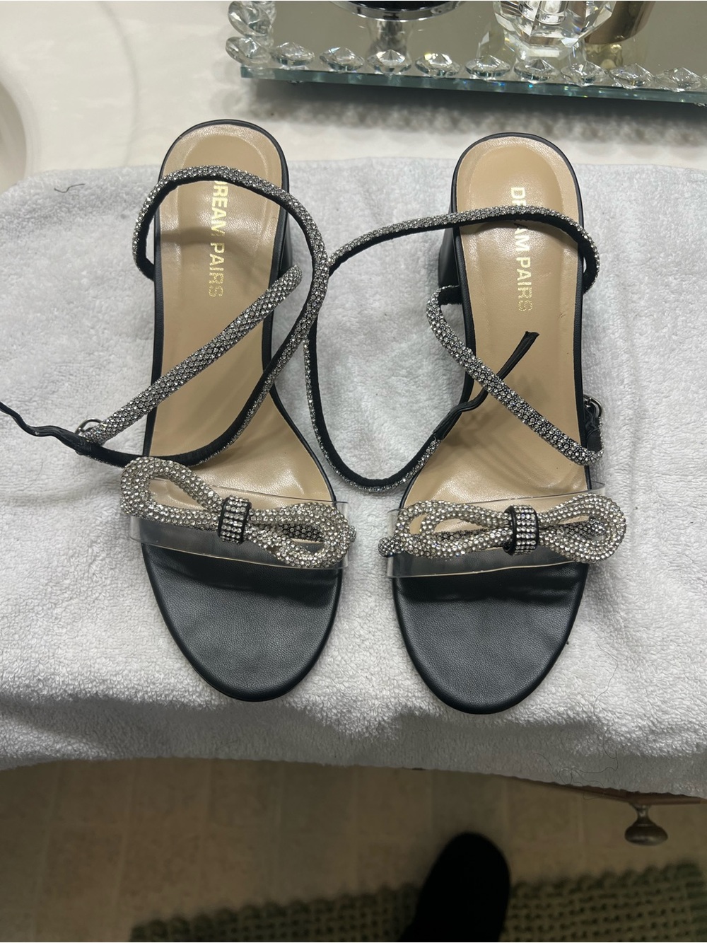 Dream Pairs Black Rhinestone Bow Lace-Up Heels